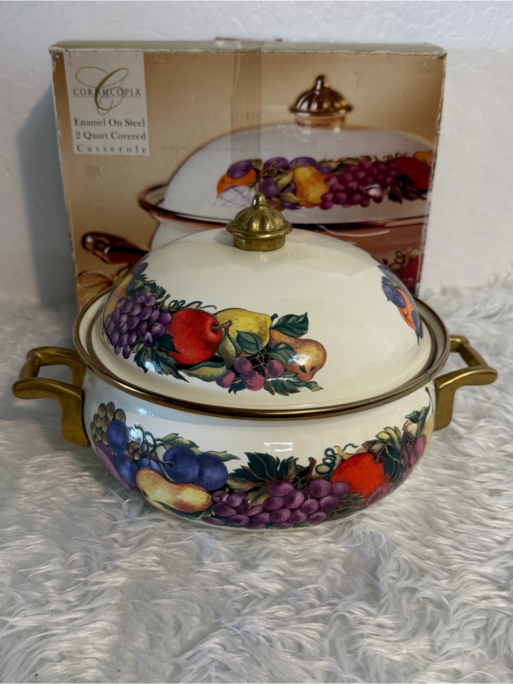 Vintage CORNUCOPIA Enamel Pot w/ Lid Fruit Pattern Brass Hardware